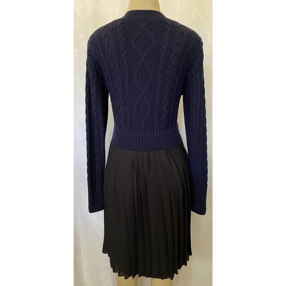KENZO Dress Blue Black Cable Knit Wool Layered Mixed Media Pleated Crepe… - Picture 4 of 6